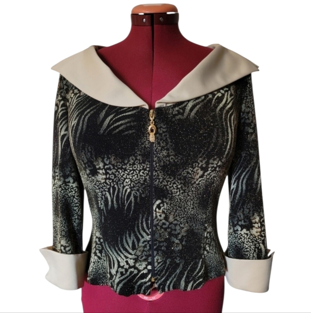 Joseph Ribkoff Metallic Animal Print Zip-Up Jacket Formal Sparkle Glam Y2K